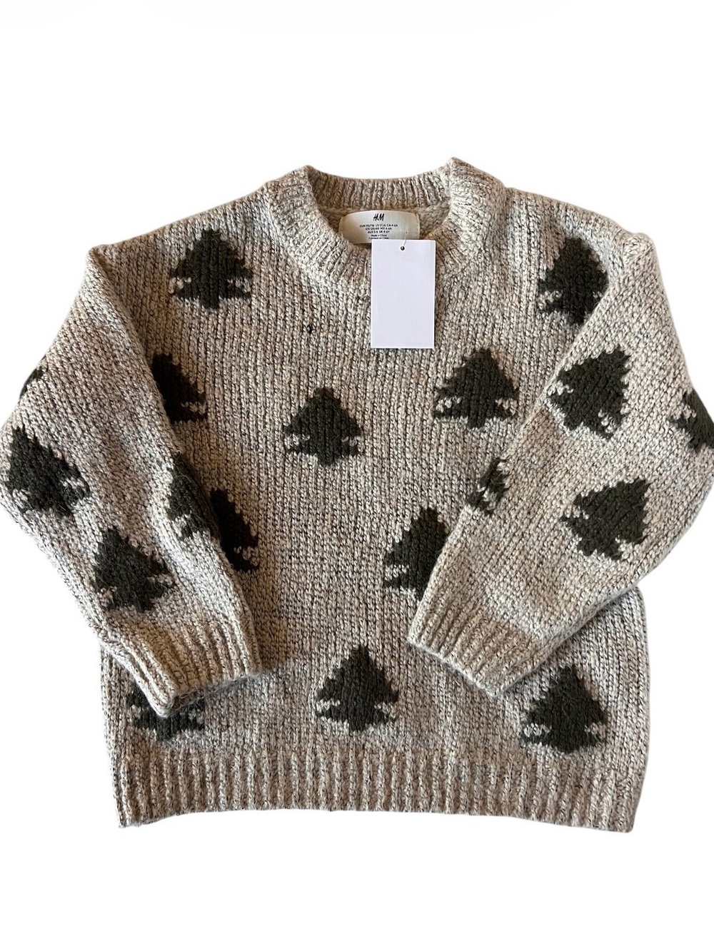 H&M Beige Crewneck Sweater with Dark Green Tree Motifs